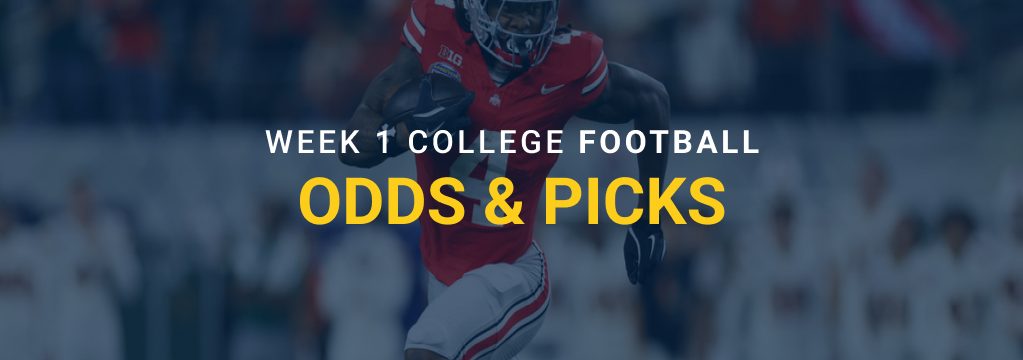 Ohio State football player running with the ball beneath text reading “Week 1 College Football Odds & Picks.”