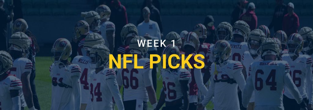 San Francisco 49ers players on the field with “Week 1 NFL Picks” text.