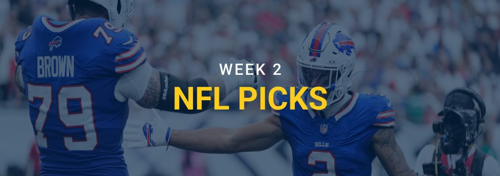 Buffalo Bills players celebrate on the field beneath the text “Week 2 NFL Picks.”