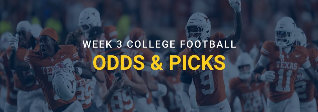 Texas football players celebrate on the field beneath the text “Week 3 College Football Odds & Picks.”