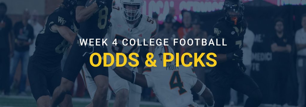 College football players in action beneath the text “Week 4 College Football Odds & Picks” and the GamblingSites.com logo.