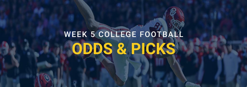 Oklahoma football player leaping over a Georgia defender with text reading “Week 5 College Football Odds & Picks.”