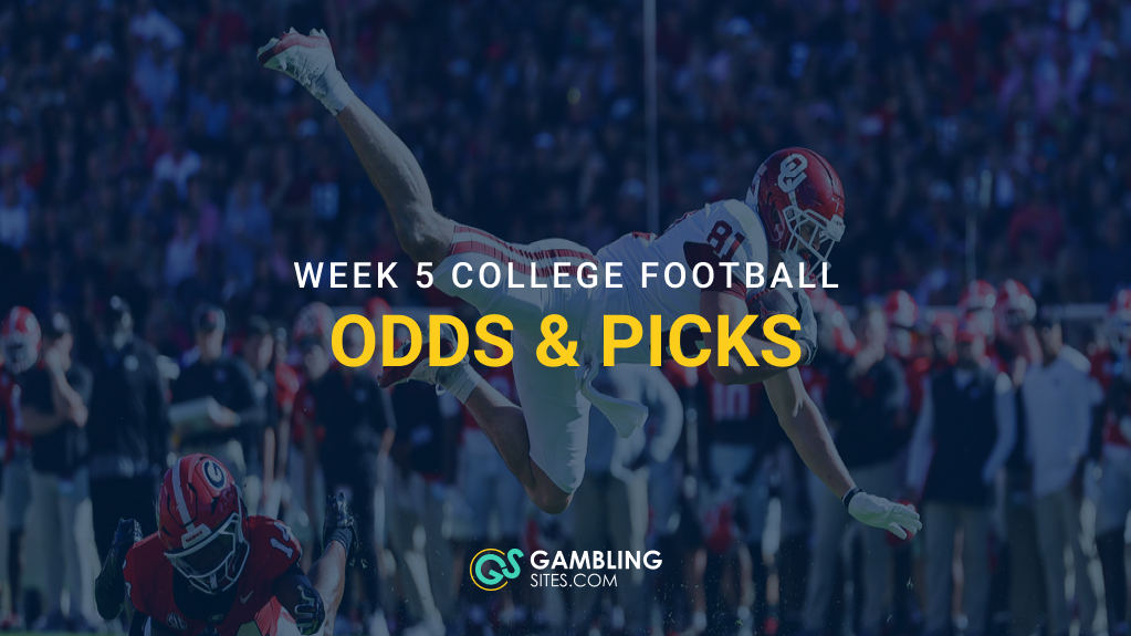 Oklahoma football player leaping over a Georgia defender with text reading “Week 5 College Football Odds & Picks.”