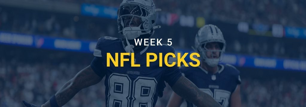 Dallas Cowboys players on the field with “Week 5 NFL Picks” text and the GamblingSites.com logo.