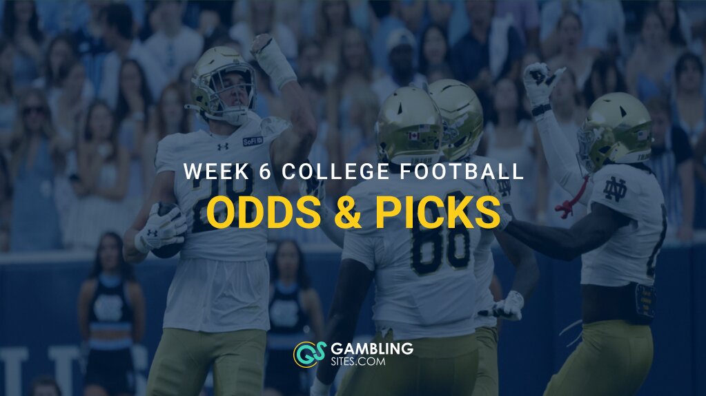 Notre Dame football players celebrating with text reading “Week 6 College Football Odds & Picks” and the GamblingSites.com logo.