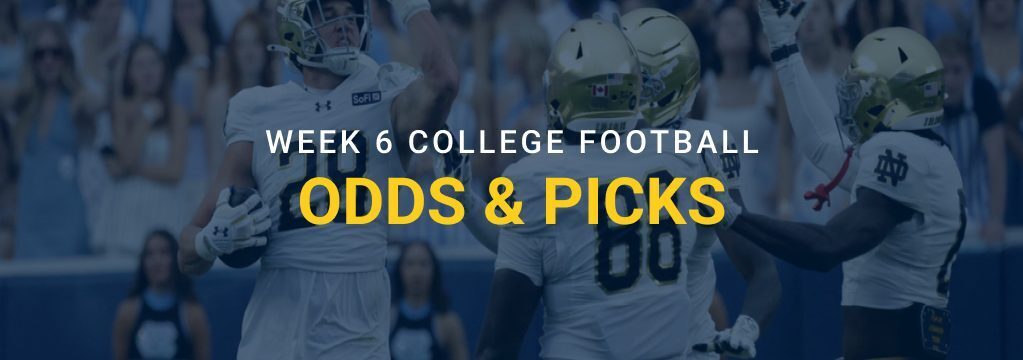 Notre Dame football players celebrating with text reading “Week 6 College Football Odds & Picks” and the GamblingSites.com logo.