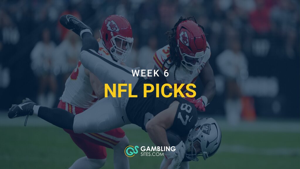 Kansas City Chiefs defenders tackling a Las Vegas Raiders player, with “Week 6 NFL Picks” text and the GamblingSites.com logo.