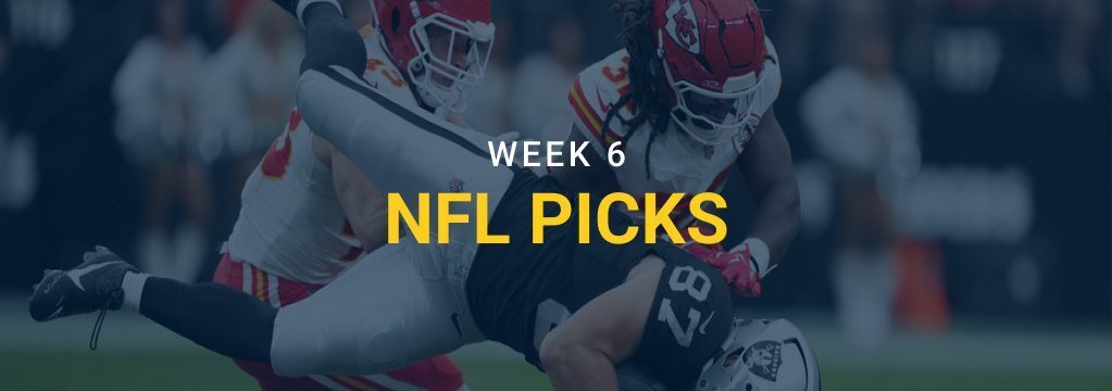 Kansas City Chiefs defenders tackling a Las Vegas Raiders player, with “Week 6 NFL Picks” text and the GamblingSites.com logo.