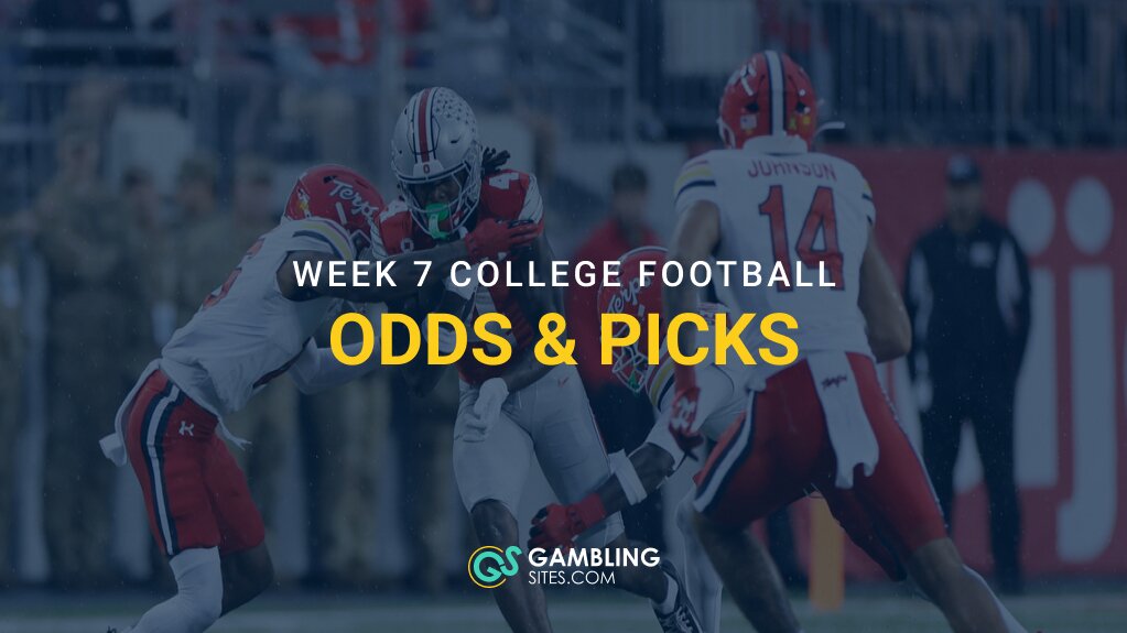 Maryland defenders tackling an Ohio State ball carrier, with “Week 7 College Football Odds & Picks” text and the GamblingSites.com logo.