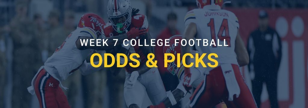 Maryland defenders tackling an Ohio State ball carrier, with “Week 7 College Football Odds & Picks” text and the GamblingSites.com logo.