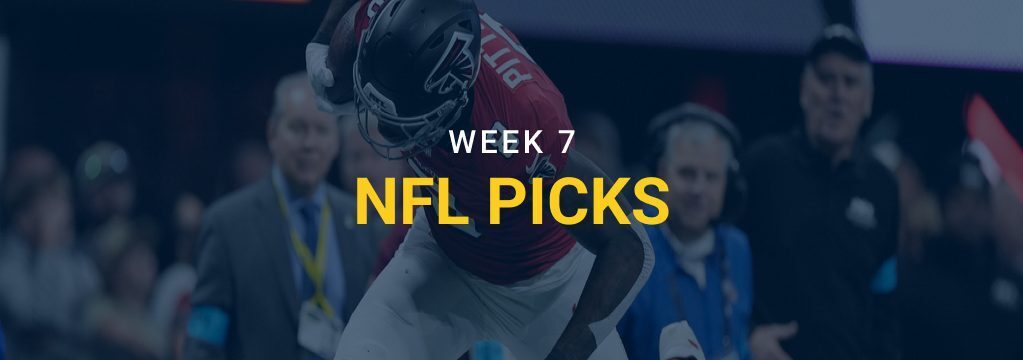 Week 7 NFL picks graphic featuring an Atlanta Falcons player and the GamblingSites.com logo.