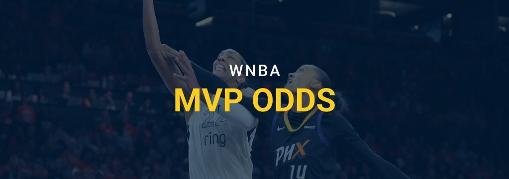 Feature image showing two WNBA players competing at the basket during a game with overlay text reading “WNBA MVP Odds.”