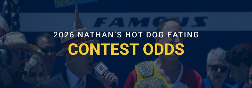 Hot dog eating contest winner holding a championship belt with text reading “2026 Nathan’s Hot Dog Eating Contest Odds.”