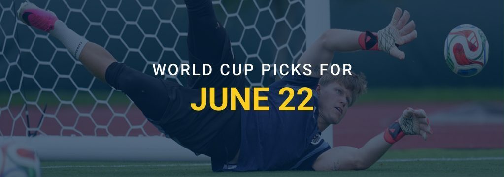 Soccer goalkeeper diving to make a save with text overlay reading “World Cup Picks for June 22” and GamblingSites.com branding.