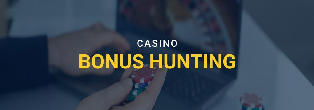 Hands holding casino chips in front of a laptop with roulette imagery, overlaid with the text “Casino Bonus Hunting” and the GamblingSites.com logo.
