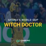 Ghana soccer players celebrate on the field with the text “Ghana’s World Cup Witch Doctor” overlaid in the center.