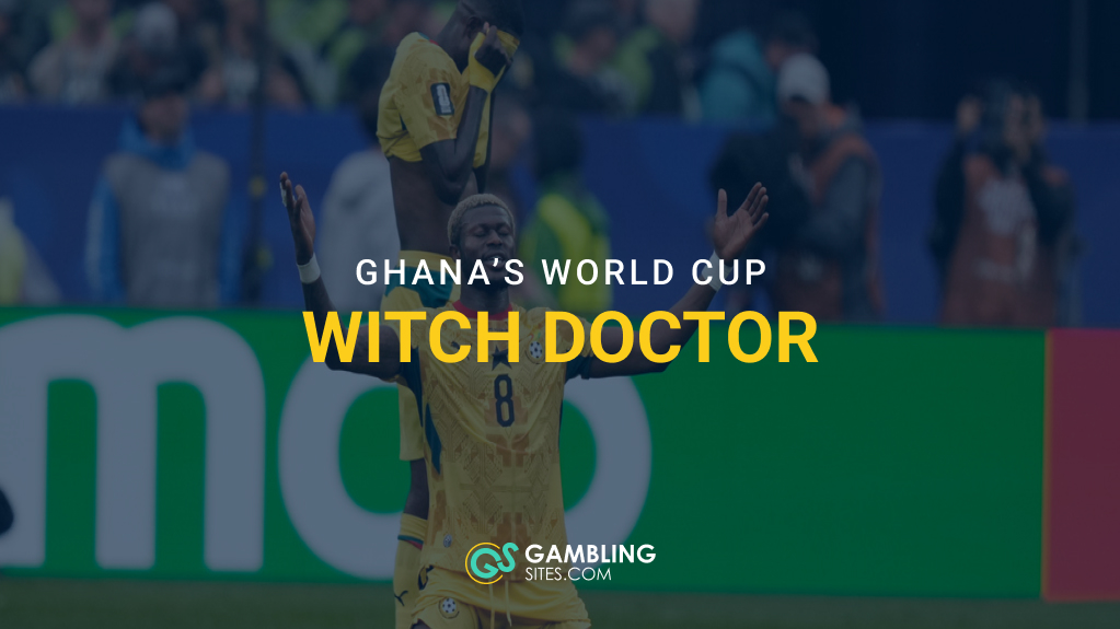 Ghana soccer players celebrate on the field with the text “Ghana’s World Cup Witch Doctor” overlaid in the center.
