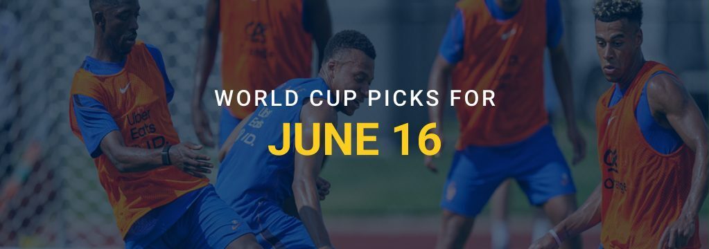 Soccer players training on a field with overlay text reading “World Cup Picks for June 16” and a GamblingSites.com logo.