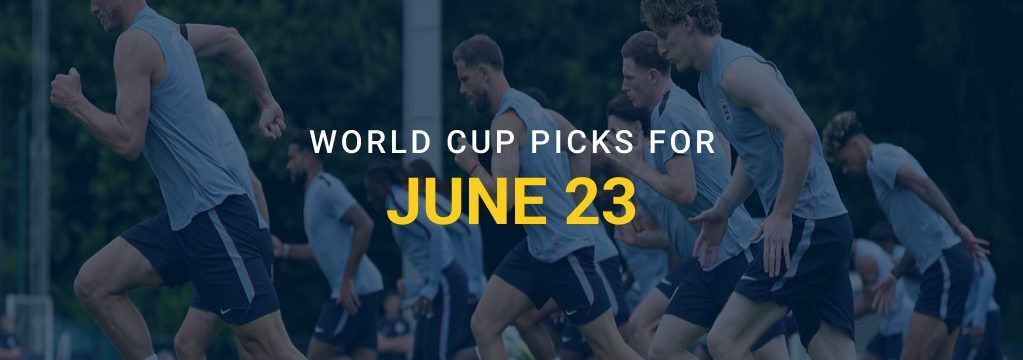Soccer players training on a field with text reading “World Cup Picks for June 23” and the GamblingSites.com logo.