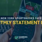Feature image showing a person holding a live sports betting app with text reading “New York sportsbooks face monthly statement rule.”
