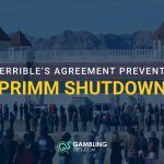 Feature image showing a crowd outside a Primm, Nevada building with mountains in the background and text reading “Terrible’s agreement prevents Primm shutdown.”