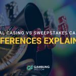 Roulette wheel, poker chips, and dice with text reading “Social Casino vs Sweepstakes Casino: Differences Explained.”