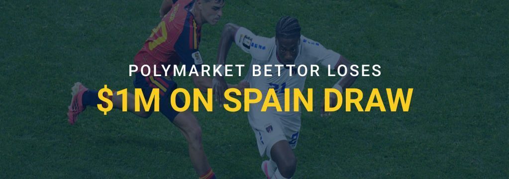 Soccer players competing on a field with overlay text reading “Polymarket Bettor Loses $1M on Spain Draw” and a GamblingSites.com logo.