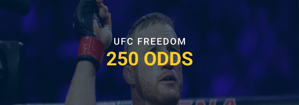 MMA fighter raising his arm in the cage with text reading “UFC Freedom 250 Odds” and a GamblingSites.com logo at the bottom.