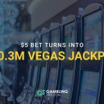 Row of casino slot machines with text reading “$5 bet turns into $10.3M Vegas jackpot.”