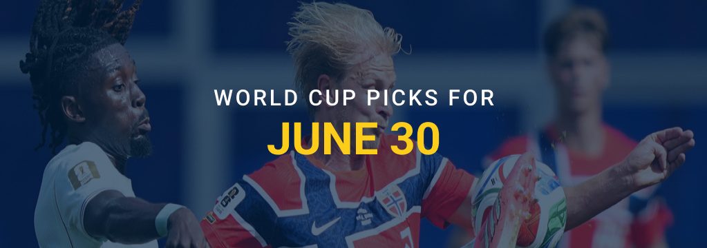 World Cup picks for June 30 graphic featuring soccer players competing for the ball, with GamblingSites.com branding.