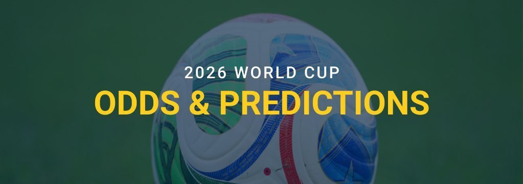 Soccer ball on a field with text reading “2026 World Cup Odds & Predictions” and the GamblingSites.com logo.