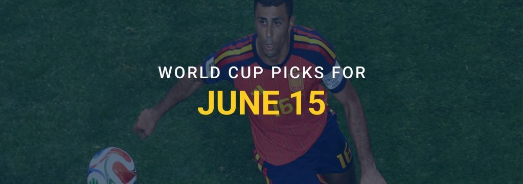 Soccer player dribbling a ball on a field with text reading “World Cup Picks for June 15” and the GamblingSites.com logo.