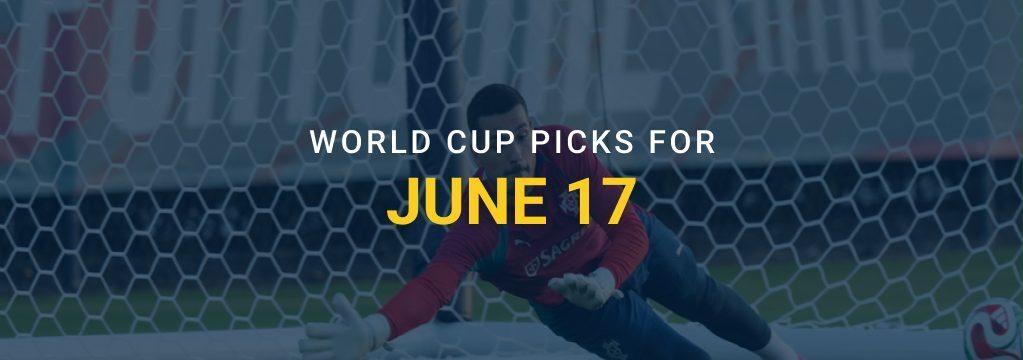 Goalkeeper diving in front of a soccer net with overlay text reading “World Cup Picks for June 17” and a GamblingSites.com logo.