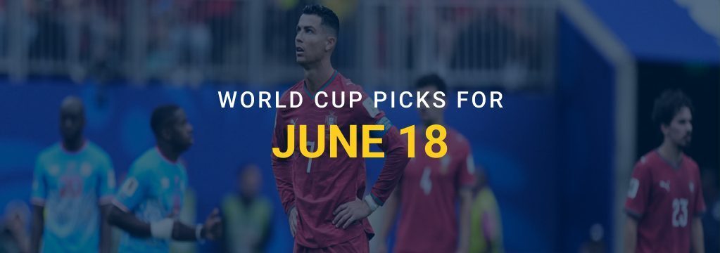 World Cup picks graphic for June 18 featuring soccer players on the field with GamblingSites.com branding.