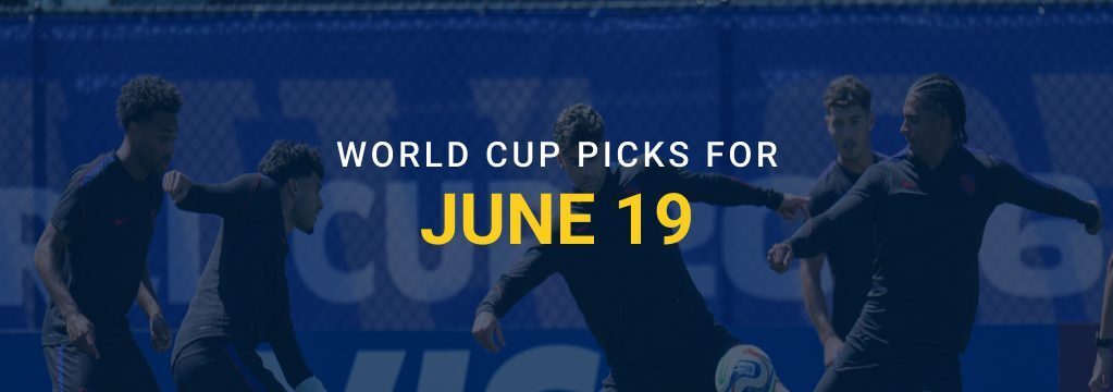 Soccer players training on a field with text reading “World Cup Picks for June 19” and the GamblingSites.com logo.