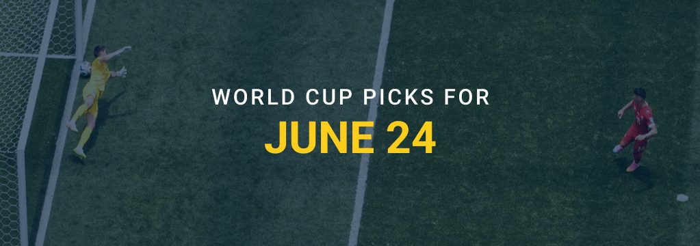 Soccer-themed graphic showing a goalkeeper near the net and another player on the field, with text reading “World Cup Picks for June 24” and the GamblingSites.com logo.