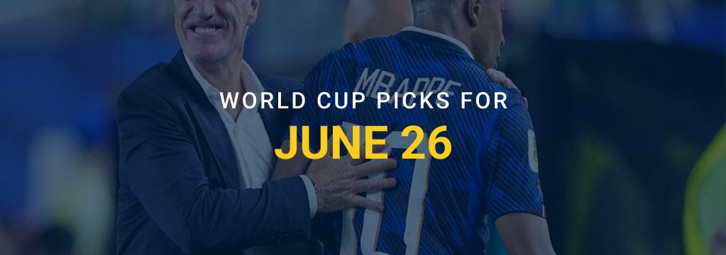 Soccer coach embraces a player during a match, with text reading “World Cup Picks for June 26.