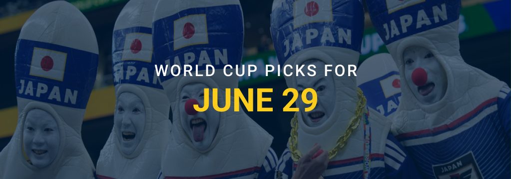Japan soccer fans in novelty costumes with text reading “World Cup Picks for June 29.”