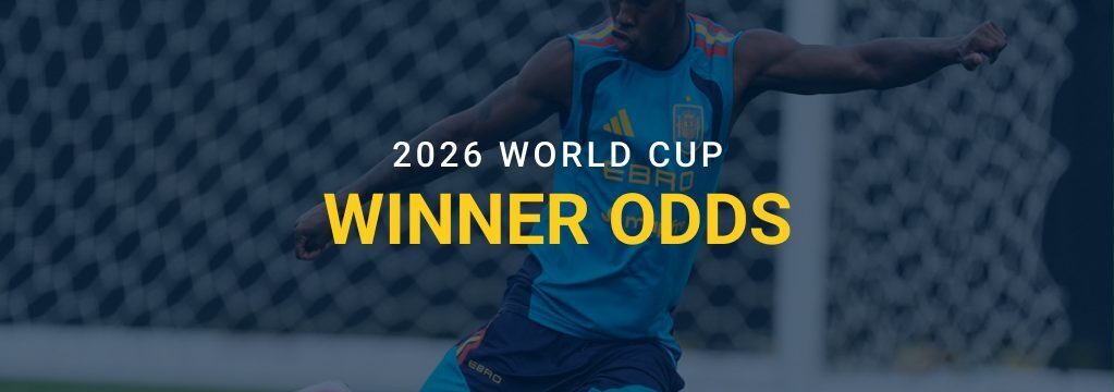 Soccer player kicking a ball in front of a goal with text reading “2026 World Cup Winner Odds” and the GamblingSites.com logo.