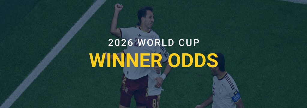 Spain players celebrate on the pitch beneath text reading “2026 World Cup Winner Odds.”