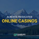 Snow-covered Alberta mountains and a forested lake behind text reading “Alberta Regulated Online Casinos,” with the GamblingSites.com logo below.