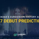 Eurovision stage with a singer on a large screen and text overlay reading “Canada’s Eurovision History and 2027 Debut Predictions.”
