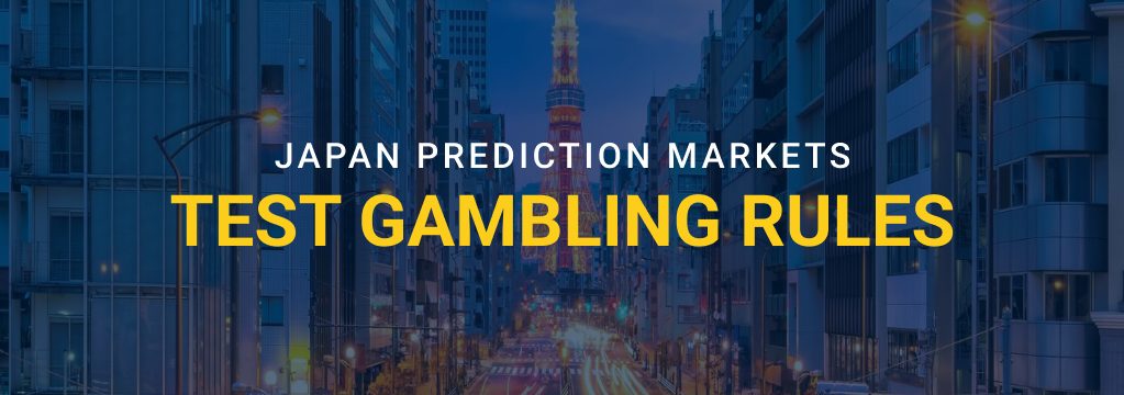 Tokyo city street at night with Tokyo Tower in the background and overlaid text reading “Japan Prediction Markets Test Gambling Rules.”