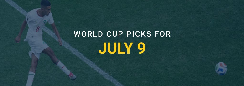 Graphic of a soccer player on a darkened field with the text “World Cup Picks for July 9” and the GamblingSites.com logo.