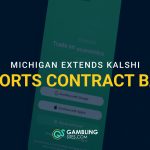 Kalshi app displayed on a smartphone with text reading “Michigan Extends Kalshi Sports Contract Ban.”