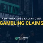 Kalshi event contracts displayed on a Times Square billboard behind text reading “New York Sues Kalshi Over Gambling Claims.”