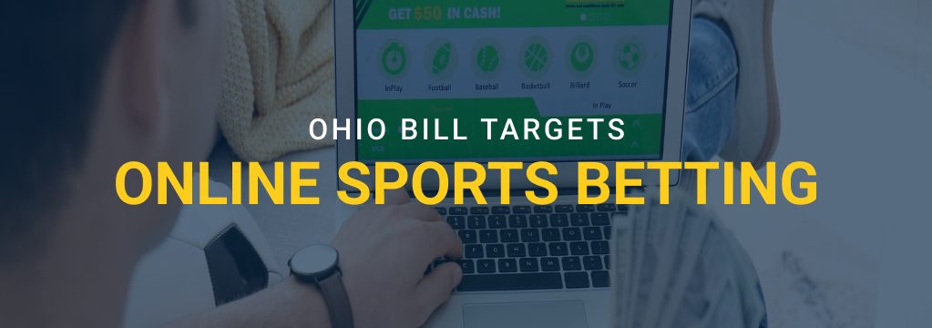 Person using a laptop with a sports betting website open, with text reading “Ohio Bill Targets Online Sports Betting” and the GamblingSites.com logo.