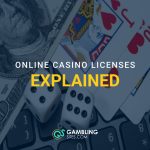 Online Casino Licenses Explained graphic featuring playing cards, dice, a US $100 bill and a computer keyboard.