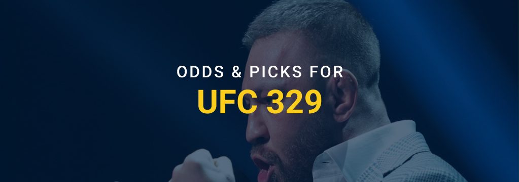 Conor McGregor posing with raised fists in a dark promotional graphic with overlaid text reading “Odds & Picks for UFC 329” and the GamblingSites.com logo.