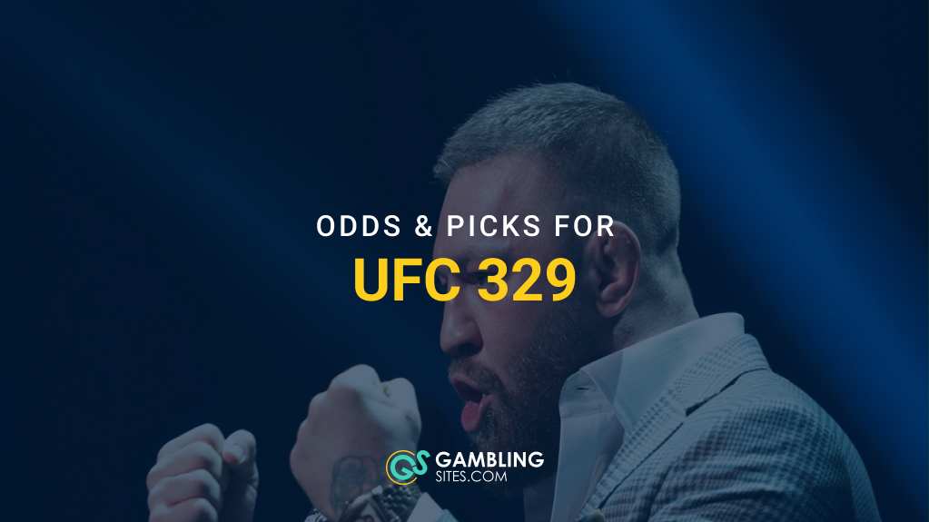 Conor McGregor posing with raised fists in a dark promotional graphic with overlaid text reading “Odds & Picks for UFC 329” and the GamblingSites.com logo.